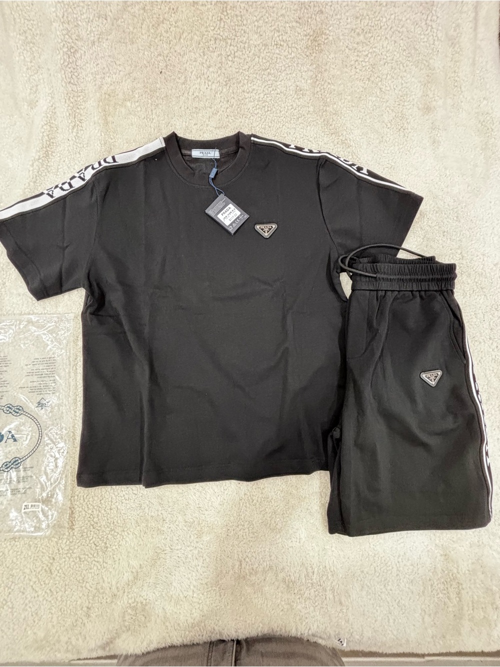 Prada Black Men's Athletic Shorts set top and bottom with White Side Trim
